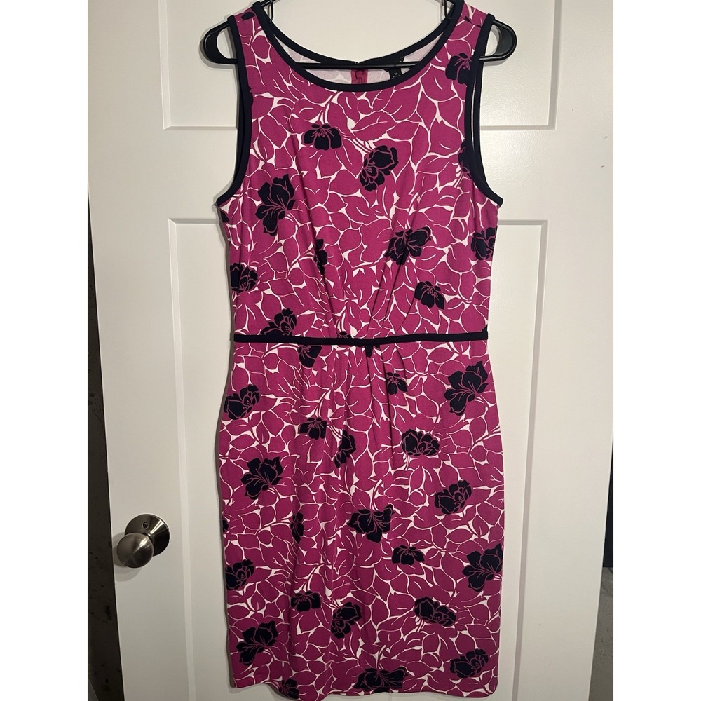 Ann Taylor Floral Sheath Dress Size 10 Magenta Navy Contrast Trim Stretch Knit